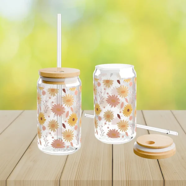 Daisy Iced Coffee Cup with Lid and Straw - Glass Tumbler 16oz - Blakeli