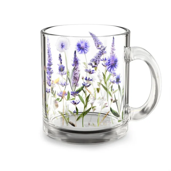 Lavender and Cornflowers Glass Mug (10oz) – Clear Floral Mug - Blakeli