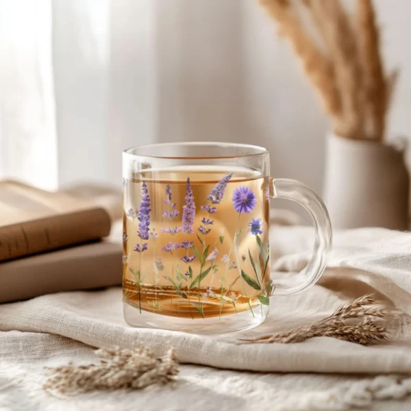 Lavender and Cornflowers Glass Mug (10oz) – Clear Floral Mug - Blakeli