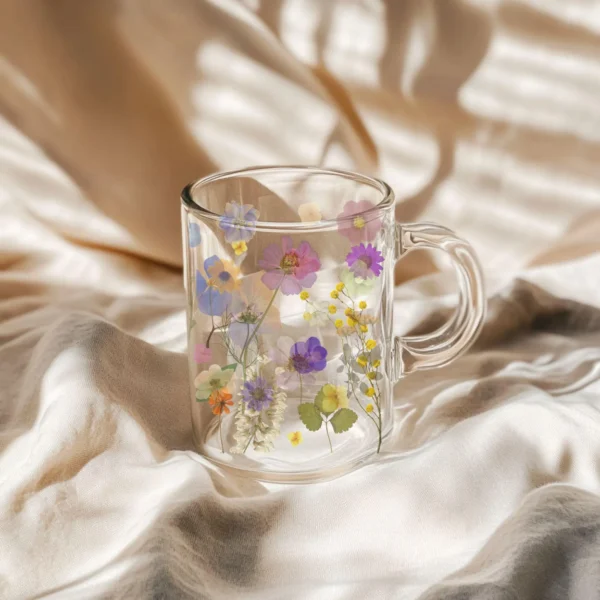 Pressed Flowers Glass Mug (10oz) – Clear Floral Mug - Blakeli