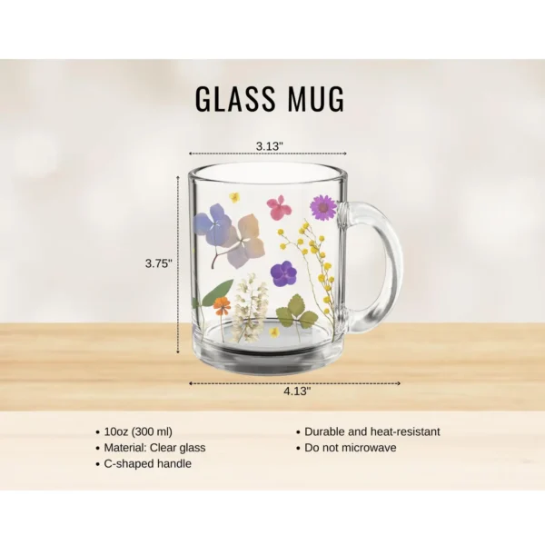 Pressed Flowers Glass Mug (10oz) – Clear Floral Mug - Blakeli
