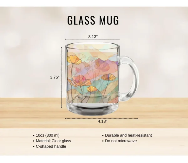 Mountain Poppies Glass Mug (10oz) – Clear Floral Mug - Blakeli