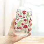 Mushroom Iced Coffee Cup with Lid and Straw - Glass Tumbler 16oz - Blakeli