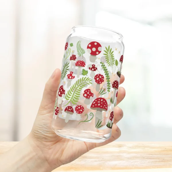 Mushroom Iced Coffee Cup with Lid and Straw - Glass Tumbler 16oz - Blakeli