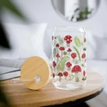 Mushroom Iced Coffee Cup with Lid and Straw - Glass Tumbler 16oz - Blakeli