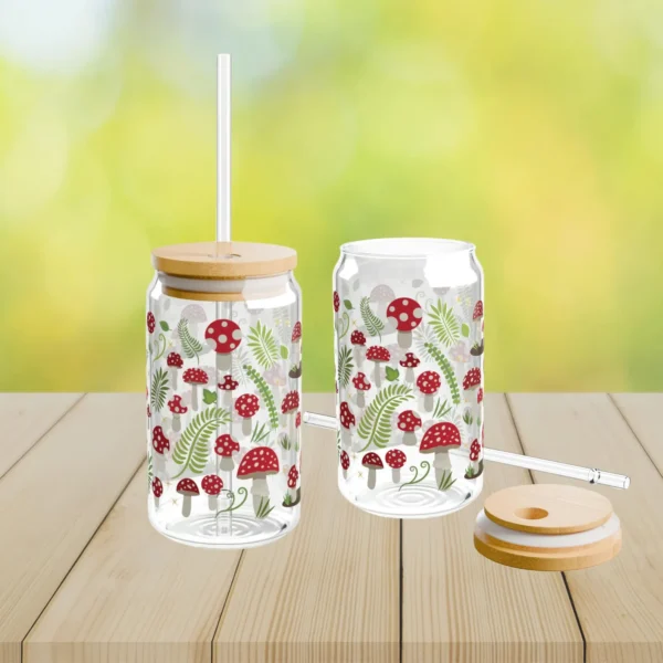 Mushroom Iced Coffee Cup with Lid and Straw - Glass Tumbler 16oz - Blakeli